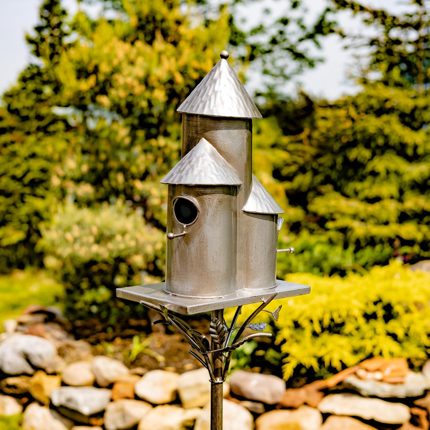 Zaer Ltd. Large Silver Colored Multi-Birdhouse Stakes, Room for 4 Bird Families in Each (Tall Triple Cylinder Homes (Silver Color))