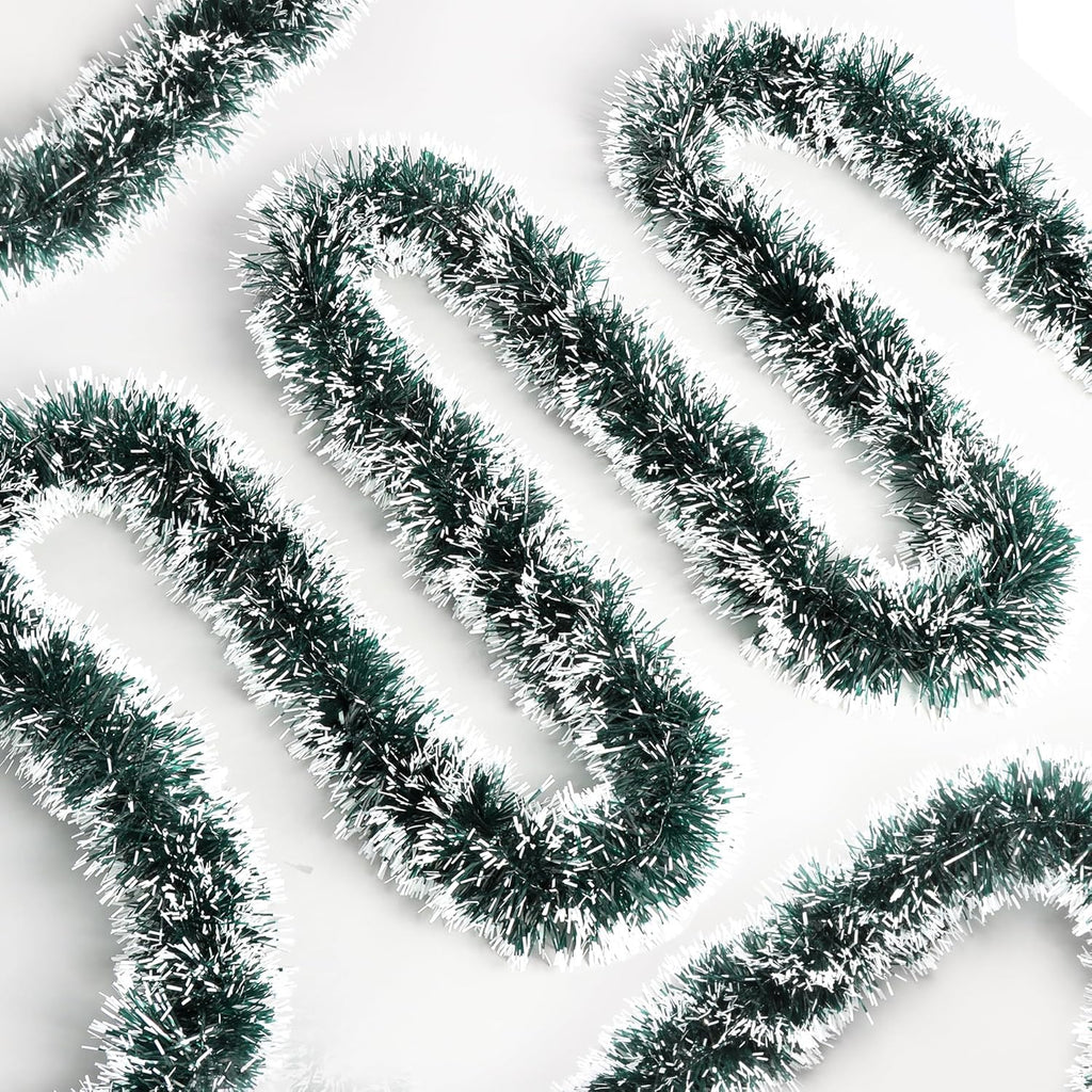 50 Feet Green White Christmas Tinsel Garland Christmas Decorations, Thick Metallic Twist Shiny Hanging Tinsel Garlands for Xmas Tree Decor Stairs Mantle Fireplace Home Indoor Holiday Party Supplies