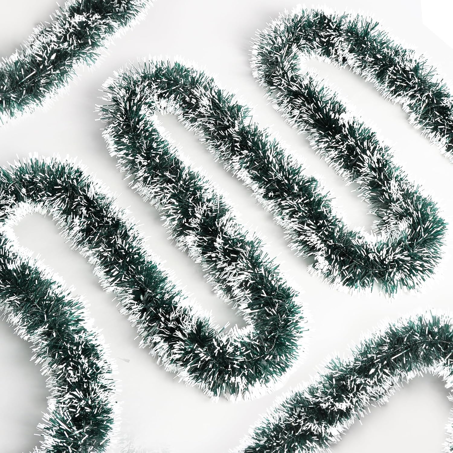50 Feet Green White Christmas Tinsel Garland Christmas Decorations, Thick Metallic Twist Shiny Hanging Tinsel Garlands for Xmas Tree Decor Stairs Mantle Fireplace Home Indoor Holiday Party Supplies