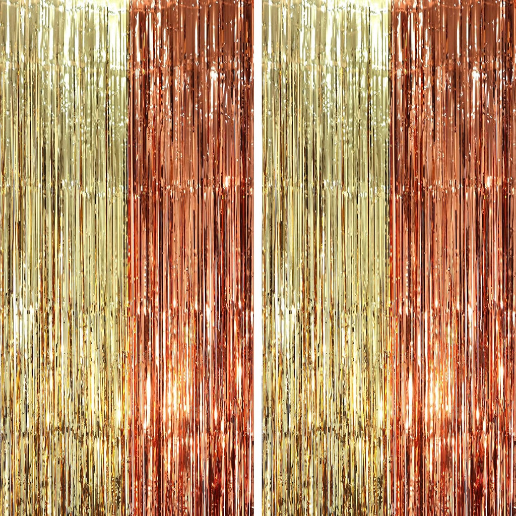 2 Pack Rose and Champion Foil Fringe Backdrop Curtains, Tinsel Streamers Party Decorations, Fringe Backdrop, Door Shimmer for Anniversary or Birthday Party