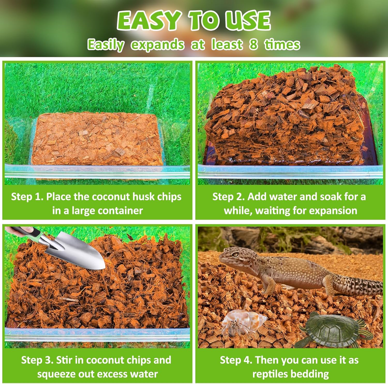 Legigo 4 Pack Coconut Chip Substrate for Reptiles, Natural Coco Husk Chip Reptiles Bedding, Compressed Coconut Chip Substrate for Snake, Tortoise, Ball Python, Gecko, Lizard Terrarium Tanks