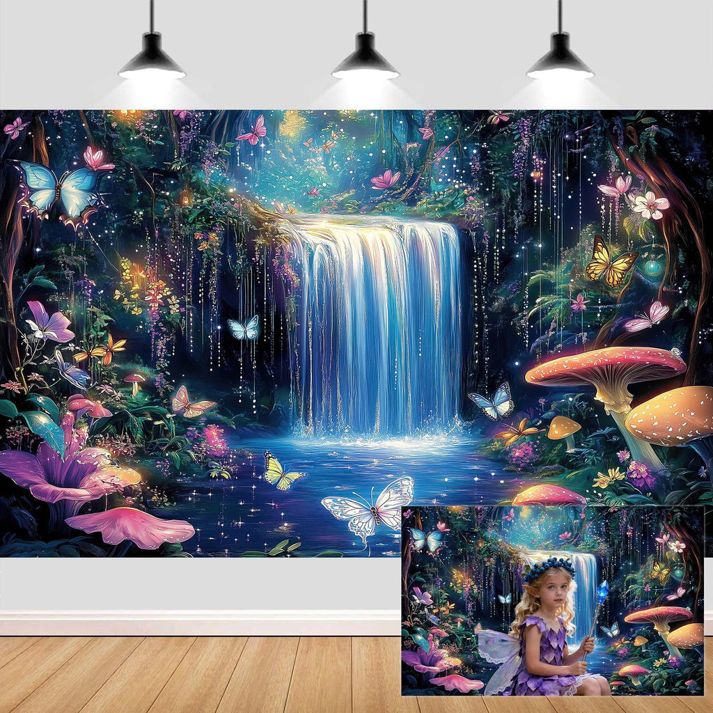 10X8ft Enchanted Forest Photography Backdrop Fantasy Wonderland with Waterfall Mushroom Floral Butterfly Magic Landscape Photo Booth Props for Party Decorations Studio Shoots