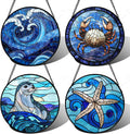 Stained Glass Window Hanging 4 Pcs Set Blue Ocean Waves 7.8" - Starfish Crab Seal Suncatcher Door Garden Sun Catcher Decor Birthday for Mom Woman Nana Men Friend