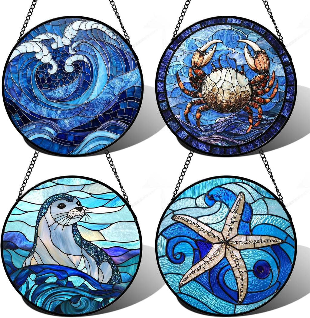 Stained Glass Window Hanging 4 Pcs Set Blue Ocean Waves 9.8" - Starfish Crab Seal Suncatcher Door Garden Sun Catcher Decor Birthday for Mom Woman Nana Men Friend