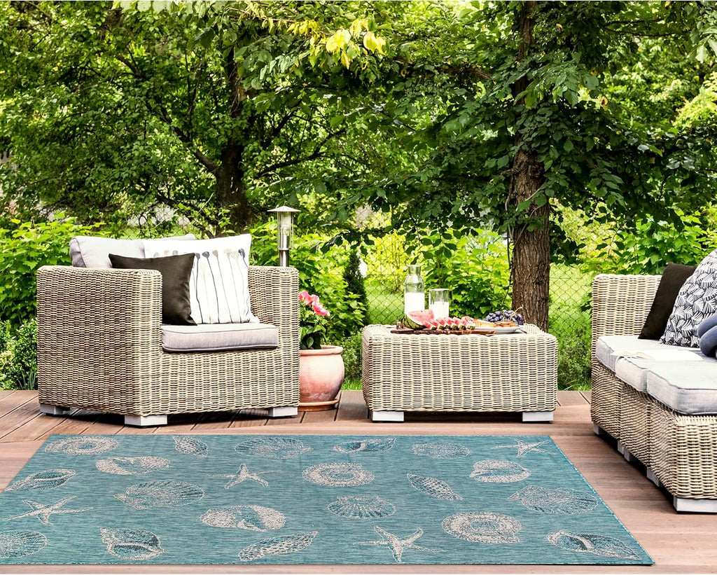 Liora Manne CARMEL Indoor/Outdoor Power Loomed Synthetic Blend Low Profile Area Rug - Transitional Coastal Seashell Decorative (Shells Aqua) (6'6" x 9'4")