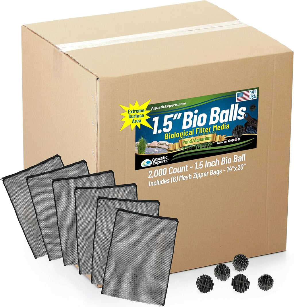 Aquatic Experts Bio Balls Filter Media Bulk, 1.5 Inch Large Bio Balls for Pond & Aquarium Filters, Pond Filter Media for Outdoor Ponds, (2000 Count with 6 Mesh Bags, 1.5 Inch)