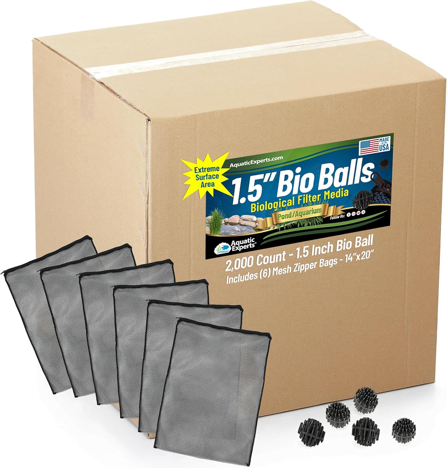 Aquatic Experts Bio Balls Filter Media Bulk, 1.5 Inch Large Bio Balls for Pond & Aquarium Filters, Pond Filter Media for Outdoor Ponds, (2000 Count with 6 Mesh Bags, 1.5 Inch)