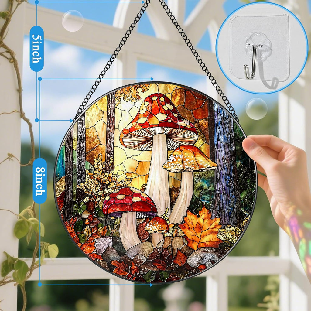 8-Inch Mushroom Suncatcher Ornament: Stained Glass Window Hanging & Decor, Sun Catchers Indoor Window — Gifts for Christmas & Holidays, Ideal Gifts for Nature and Mushroom Lovers, Gift Idea