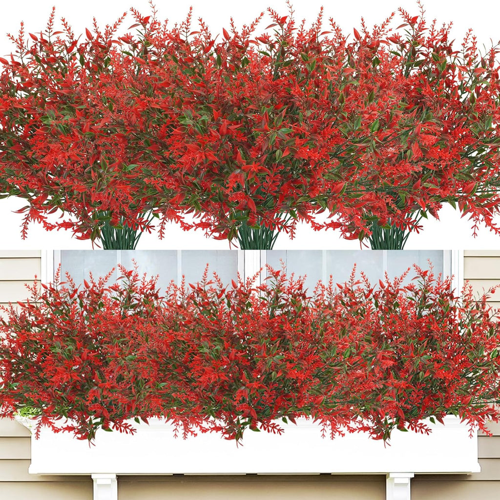 42 Pcs Fake Lavender Flowers Outdoor UV Resistant Faux Plastic Lavender Flowers No Fade Artificial Lavender Purple Plants for Outside Garden Porch Window Box Hanging Planter Decor (Red)