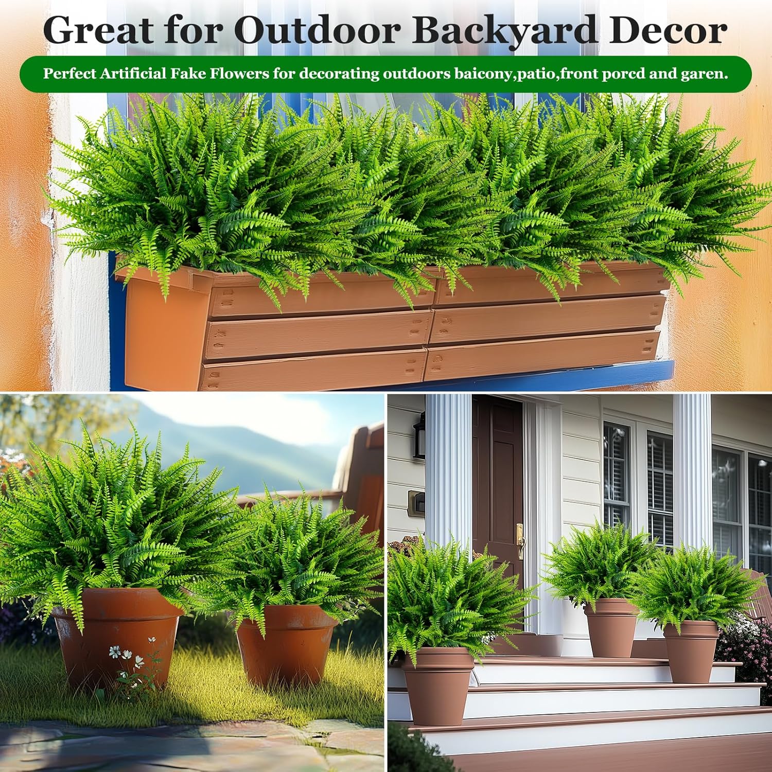 24 Bundles Artificial Fake Plants for Outdoor Faux Boston Fern for Home Decor UV Resistant Fake Plants Greenery for Front Porch Planter Indoor or Outdoor (Green)