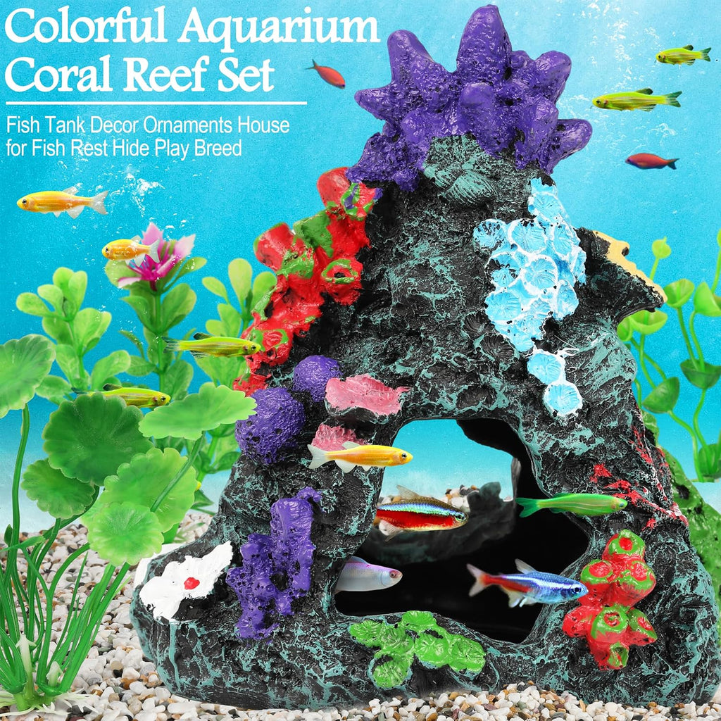 MyLifeUNIT Fish Tank Decorations, 7 Pieces Aquarium Plants Set with Coral Reef Decoration Mountain Cave Ornament for Betta, Goldfish, Shrimp to Breed, Play and Rest (Green)