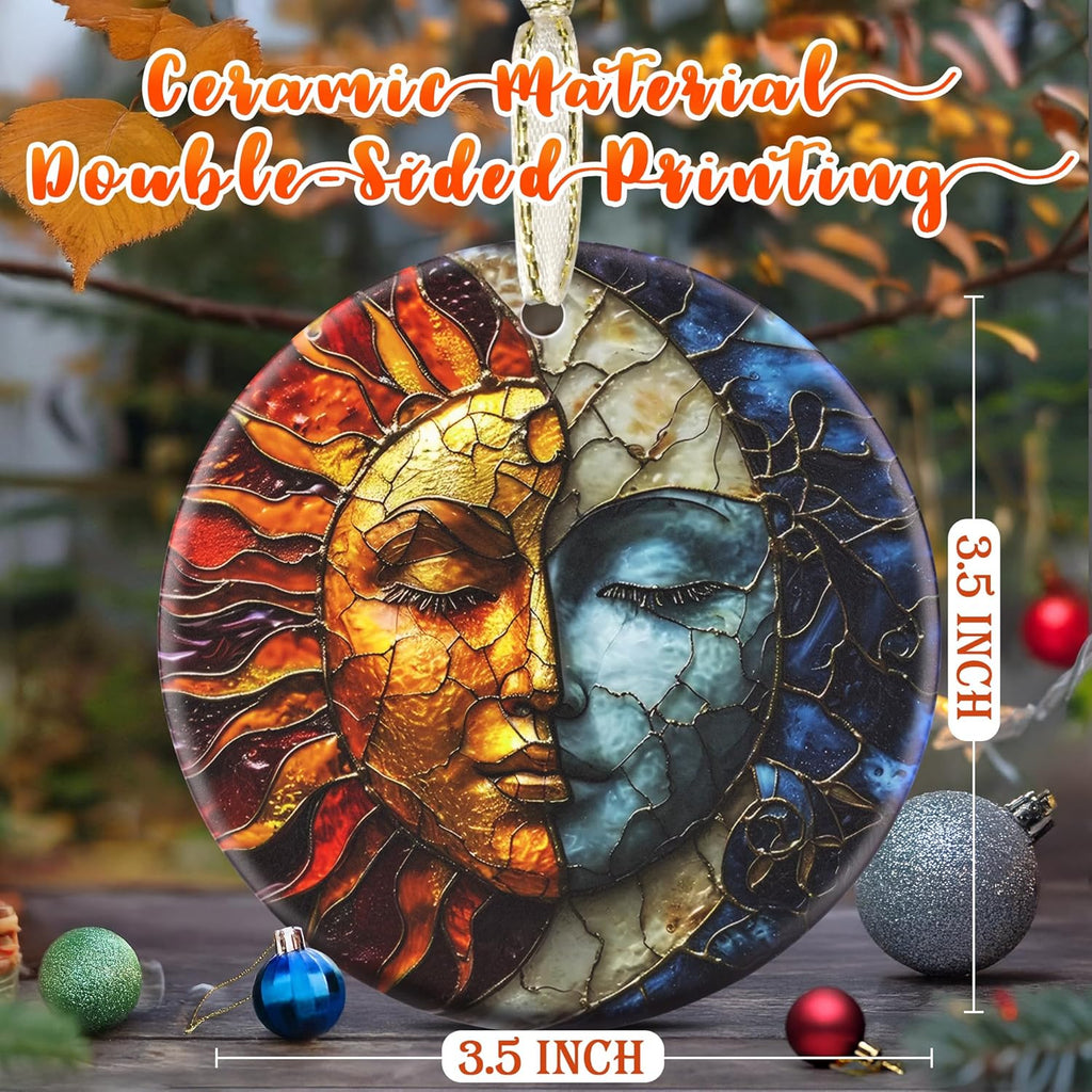 3.5 Inch Ceramic Christmas Tree Ornament, Sun and Moon Christmas Ornaments, Heirloom Keepsake, Gift Exchange, Gift Idea, Bauble Present