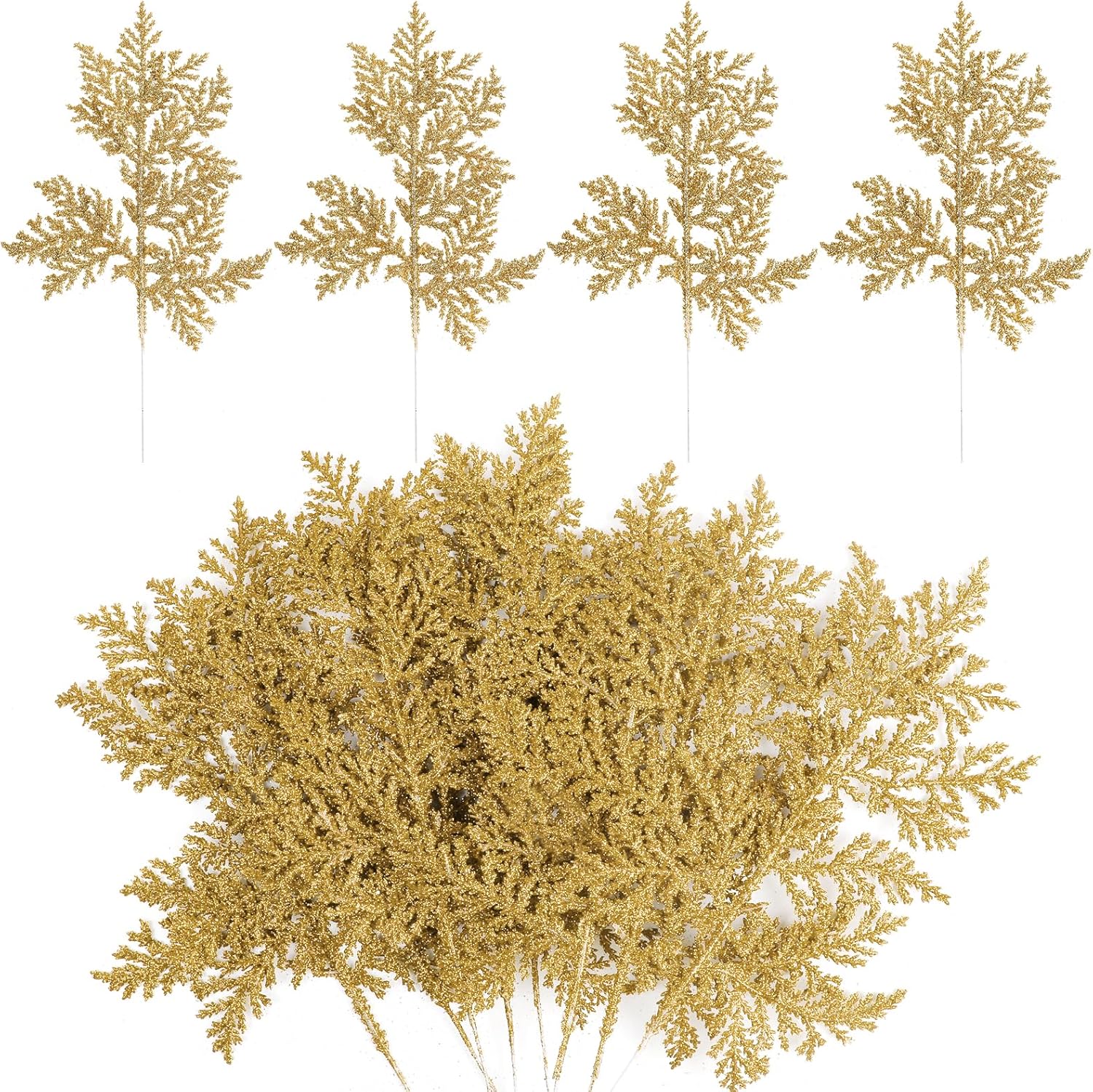KIMOBER 20PCS Christmas Artificial Pine Needles,Glitter Golden Fake Floral Spray Picks Branches Twig for Xmas Tree Wreath Wedding Bouquet Decoration