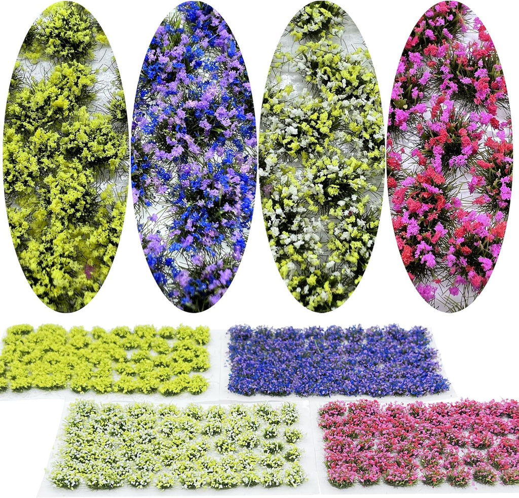 Woohome 4 Pack Miniature Colorful Flower Cluster Self Adhesive Flower Vegetation Groups Static Grass Tufts for Train Landscape Railroad Scenery Sand Military Layout Model
