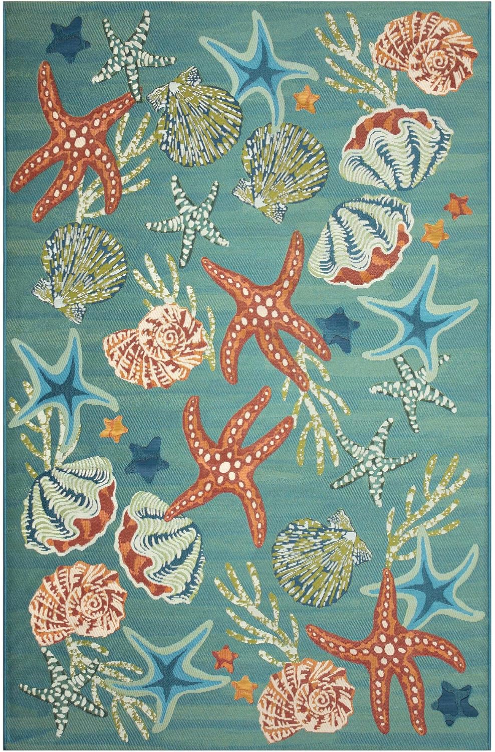 Liora Manne Marina Indoor/Outdoor Power Loomed Synthetic Blend Low Profile Area Rug - Transitional Graphic Coastal Animal Colorful (Starfish Song Aqua) (6'6" x 9'4")
