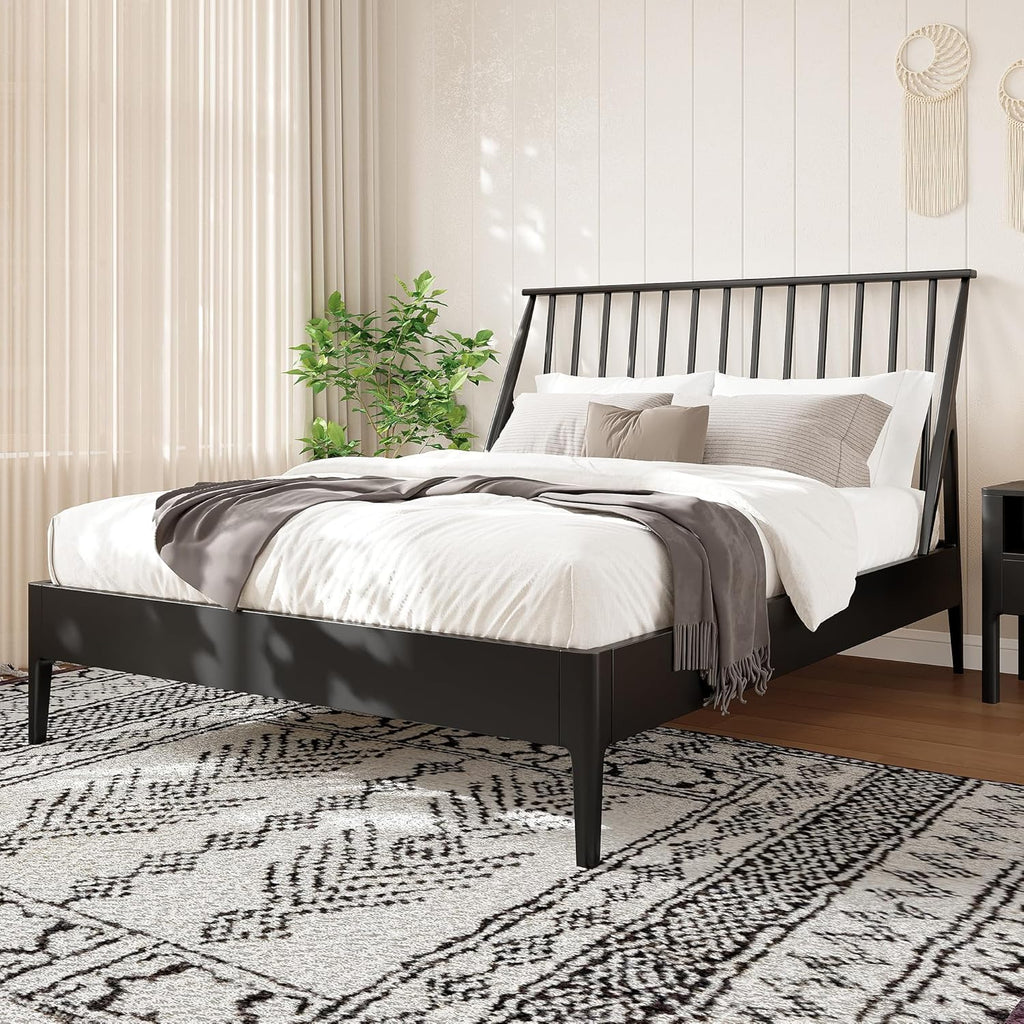 Merax King Size Bamboo Wood Bed Frame with 46.5" Tall Headboard, Bohemian Spindle Platform Bed with Wood Slat, Heavy Duty Steel Center Beam for Support, Under Bed Storage, No Box Spring Needed, Black