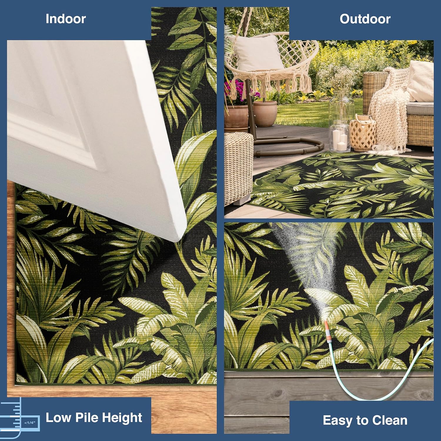 Liora Manne Marina Indoor/Outdoor Power Loomed Synthetic Blend Low Profile Area Rug - Transitional Graphic Botanical Beach Camping (Jungle Leaves Black) (8'10" x 11'9")