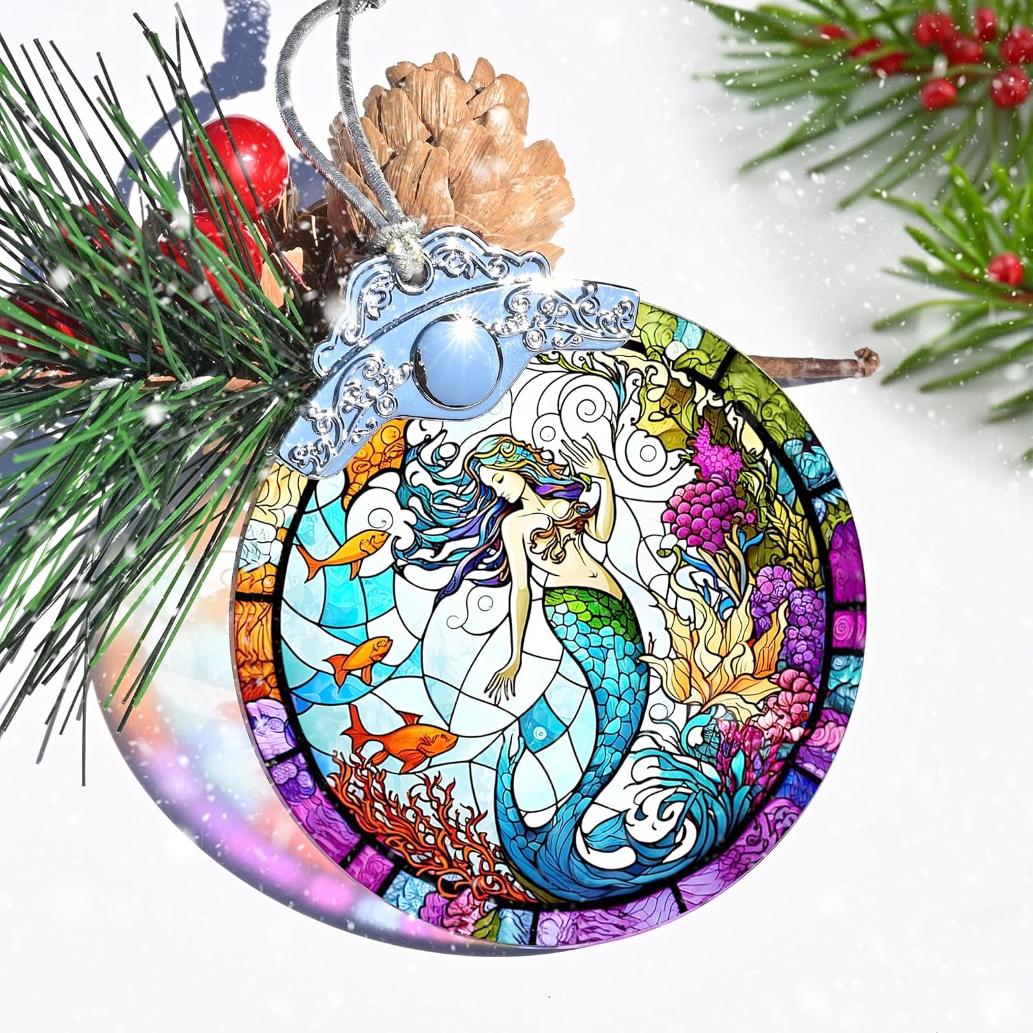Mermaid Stained Glass Ornament - Christmas Tree Decor, Mermaid Gifts & Holiday Xmas Gifts Ideas