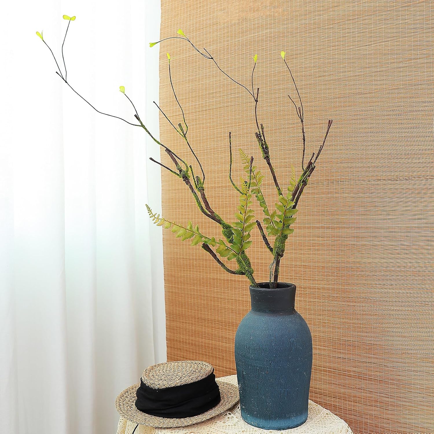 2Pcs 100cm/39in Artificial Cherry Blossom Trees Branches Natural Garland Wood Twigs Bendable Vine Trunk Silk Plants with Moss for Wall Hanging Photo Home Room Garden Reptile Decoration