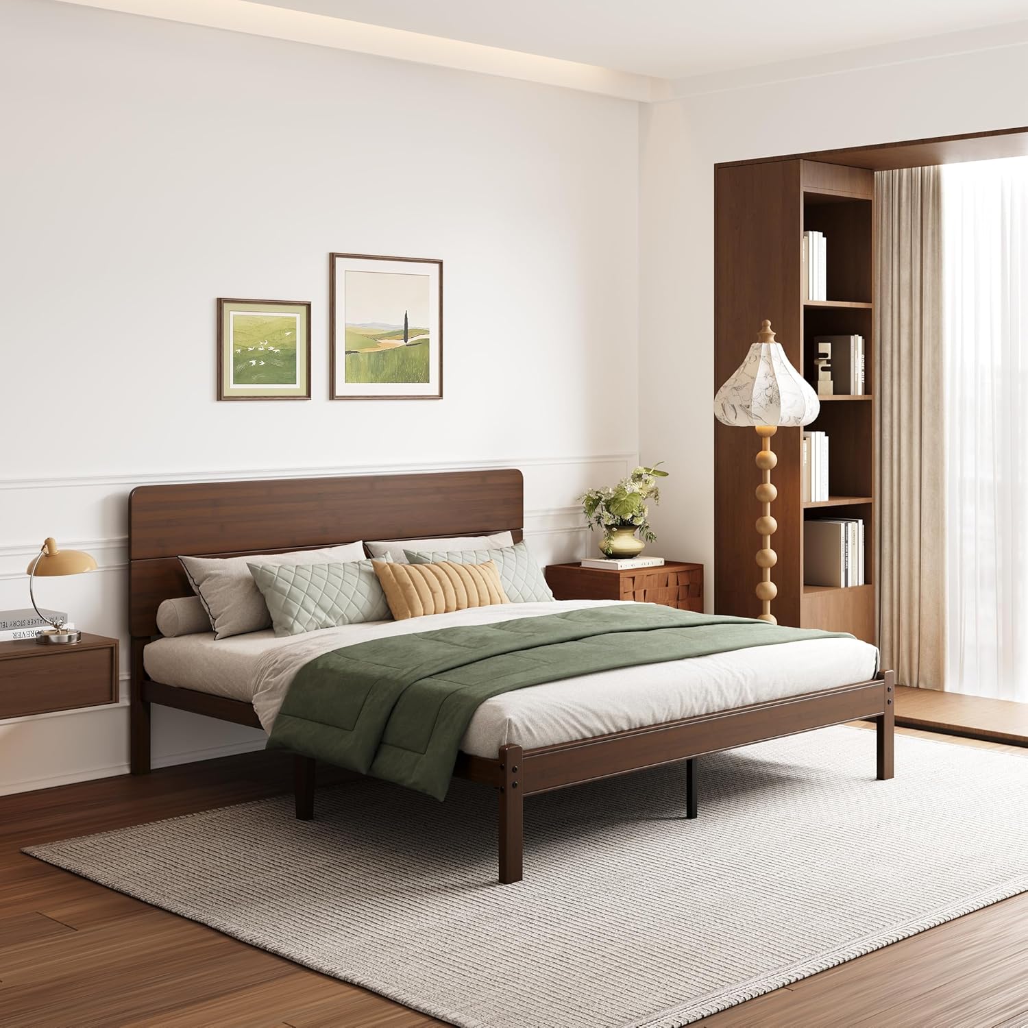 14in High Solid Bamboo Wood Platform King Size Bed Frame with Headboard, Reinforced Heavy Duty Metal Slats, Noise Free, No Box Spring Needed, Easy Assembly, Walnut