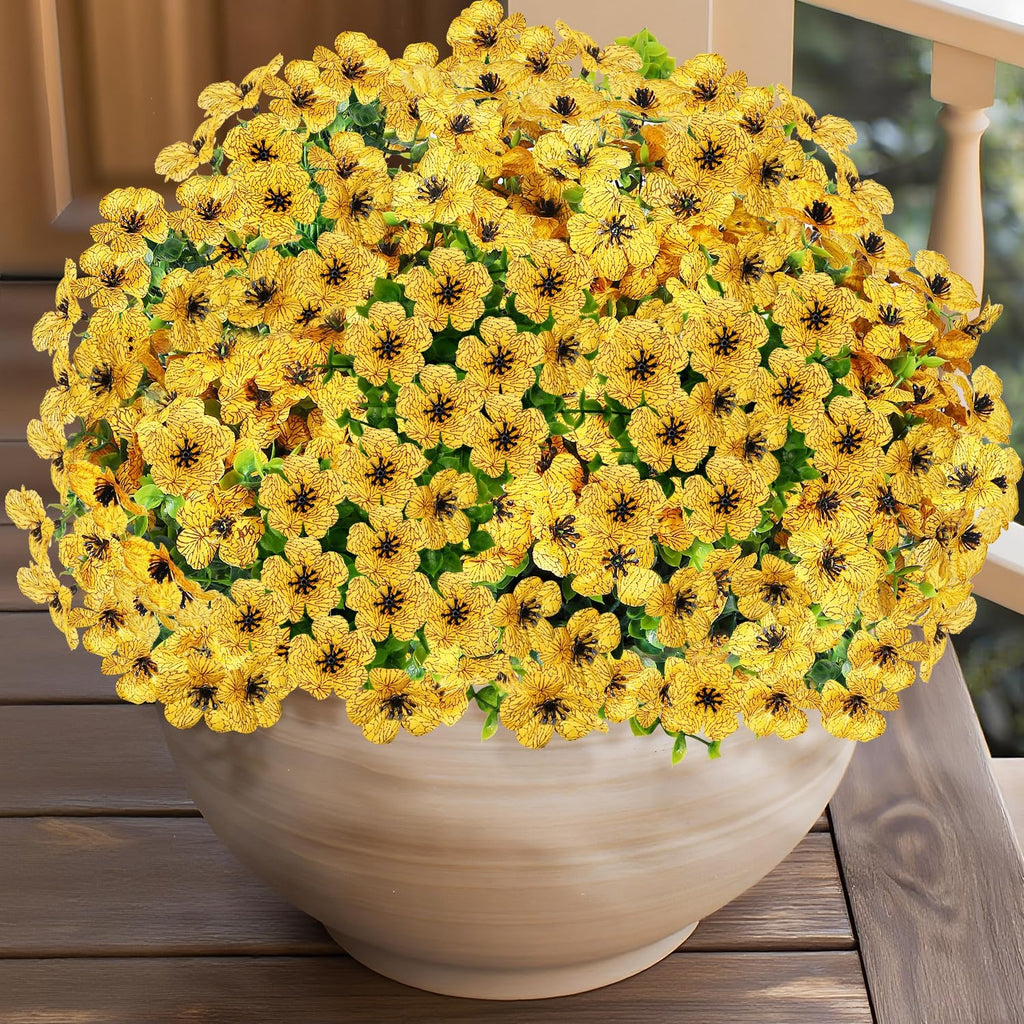 14 Bundles Artificial Flowers UV Resistant for Patio Outdoors Fake Faux Silk Plants Realistic Plastic Flowers Indoors Porch Window Home Decoration (14, Yellow)