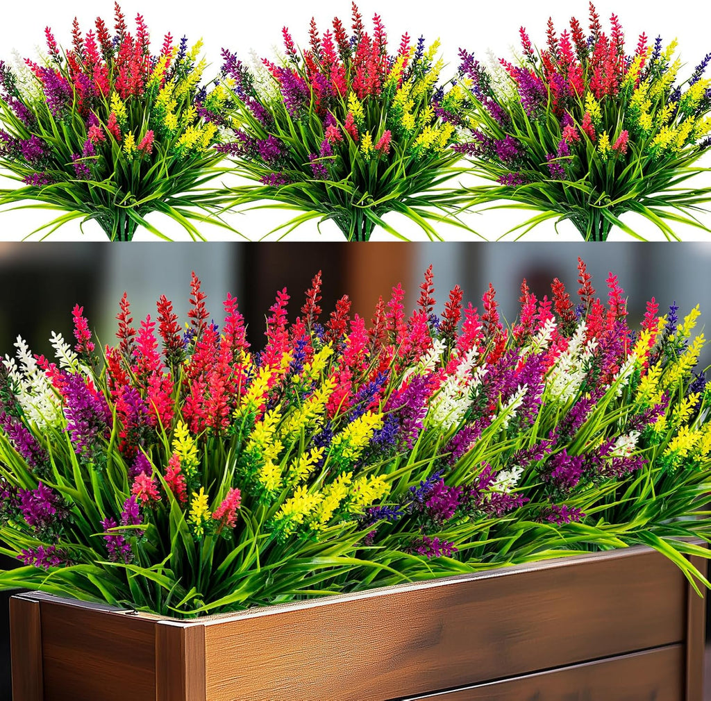 Artificial Flowers for Outdoor Plants 24 Bundles Fake Lavender Plastic Faux Monkey Grass for Verandah Window Garden Office Patio Front Porch UV Resistant for Planter(6 Color)