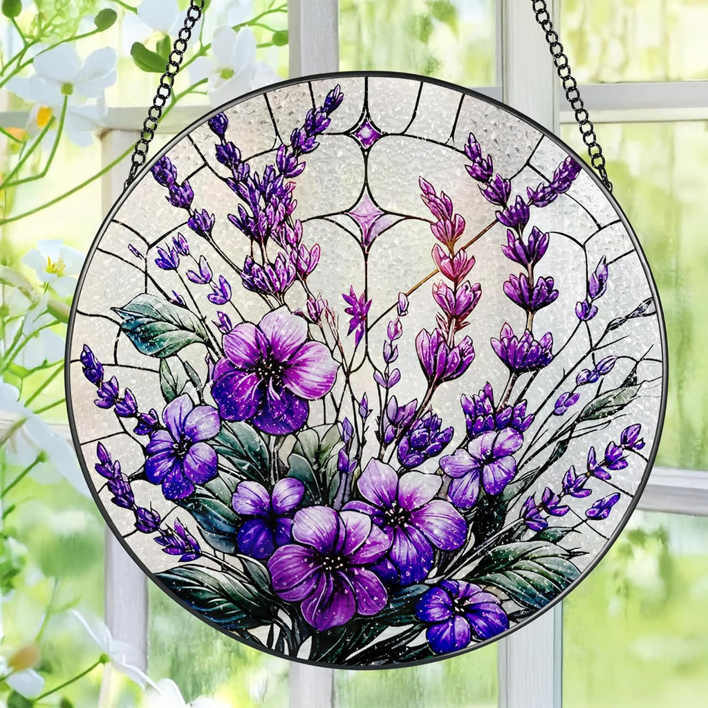 Bauhinia&Violets Flower Stained Glass Suncatcher, Stained Glass Window Hanging, 8 Inch Window Hanging Decor, Christmas, Mother's Day, Birthday Gifts for Mom, Grandma, Women, Wife, Lovers