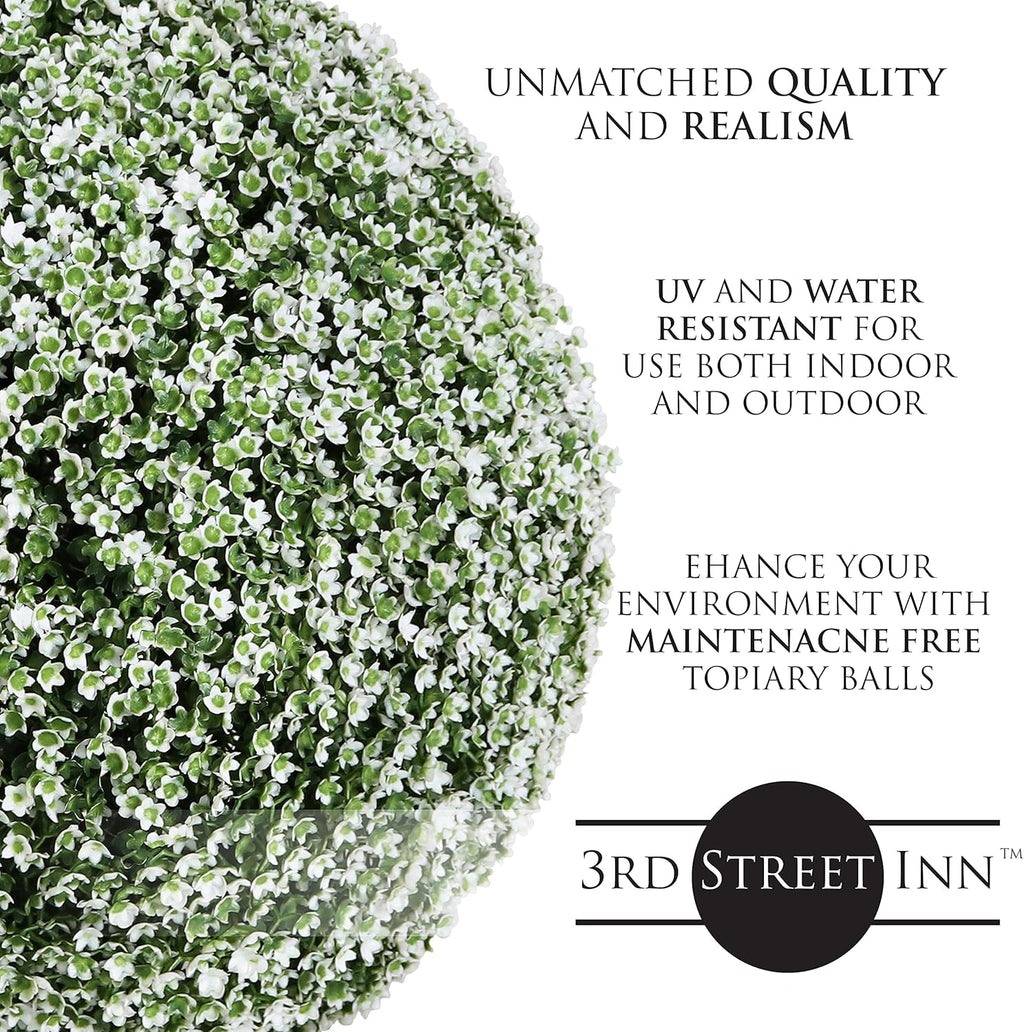 3rd Street Inn Large Baby's Breath Topiary Ball - Artificial Plant Set - Indoor/Outdoor Wedding Party Decor - Faux Foliage Garden Sphere - Tree and Bush Substitute (15")