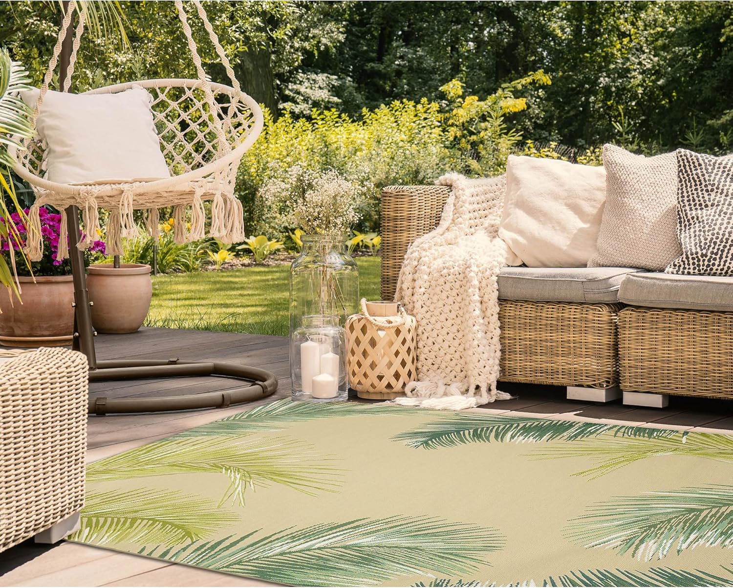 Liora Manne Marina Indoor/Outdoor Power Loomed Synthetic Blend Low Profile Area Rug - Transitional Border Botanical Beach Colorful (Palm Border Sisal) (4'10" x 7'6")
