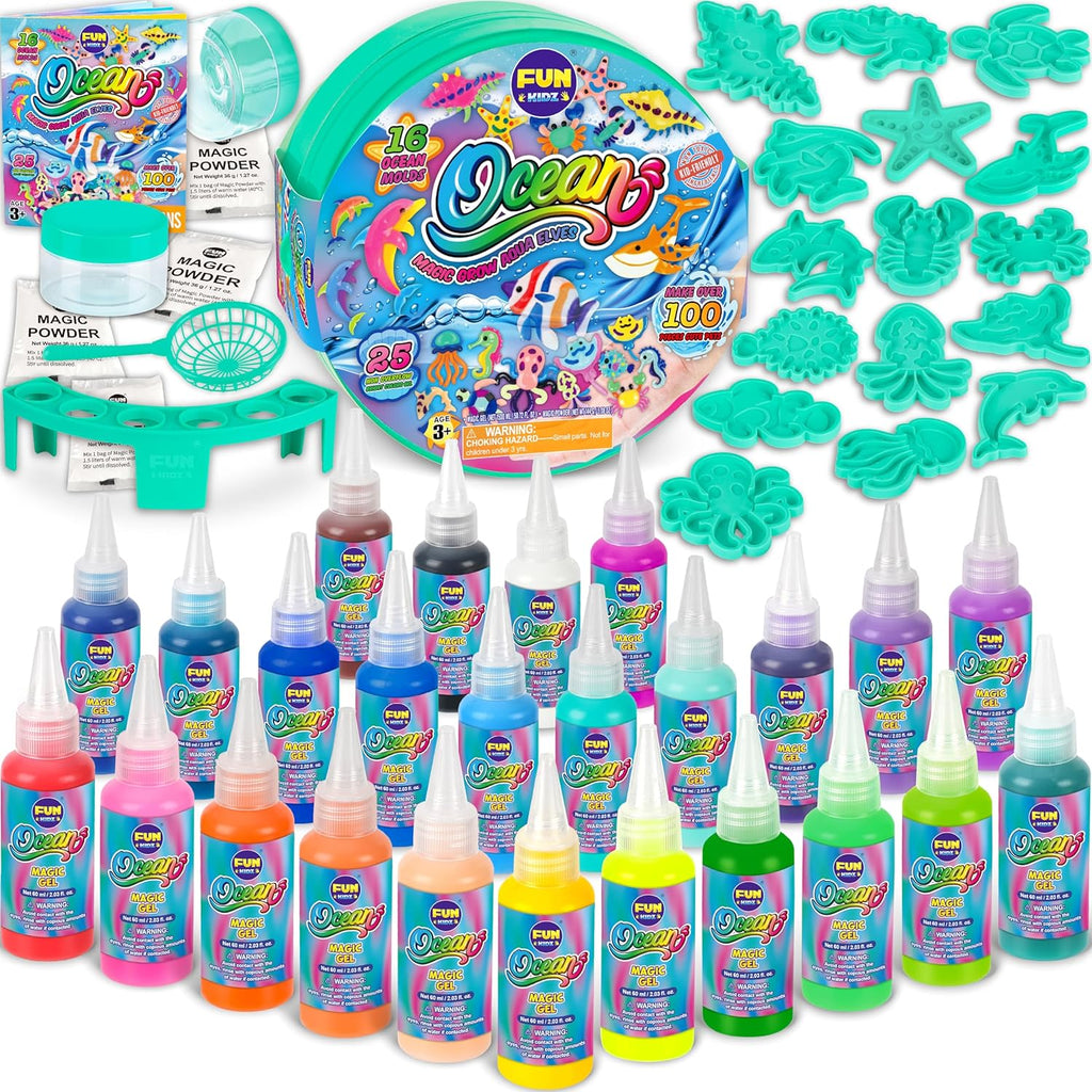 Ocean Magic Water Elves Toys Kit, FunKidz Aqua Squishy Craft Kit for Kids 25 Bright Ocean Colors Gel 16 Ocan Creature Molds Great Birthday Gift for Boys Girls Summer Activities