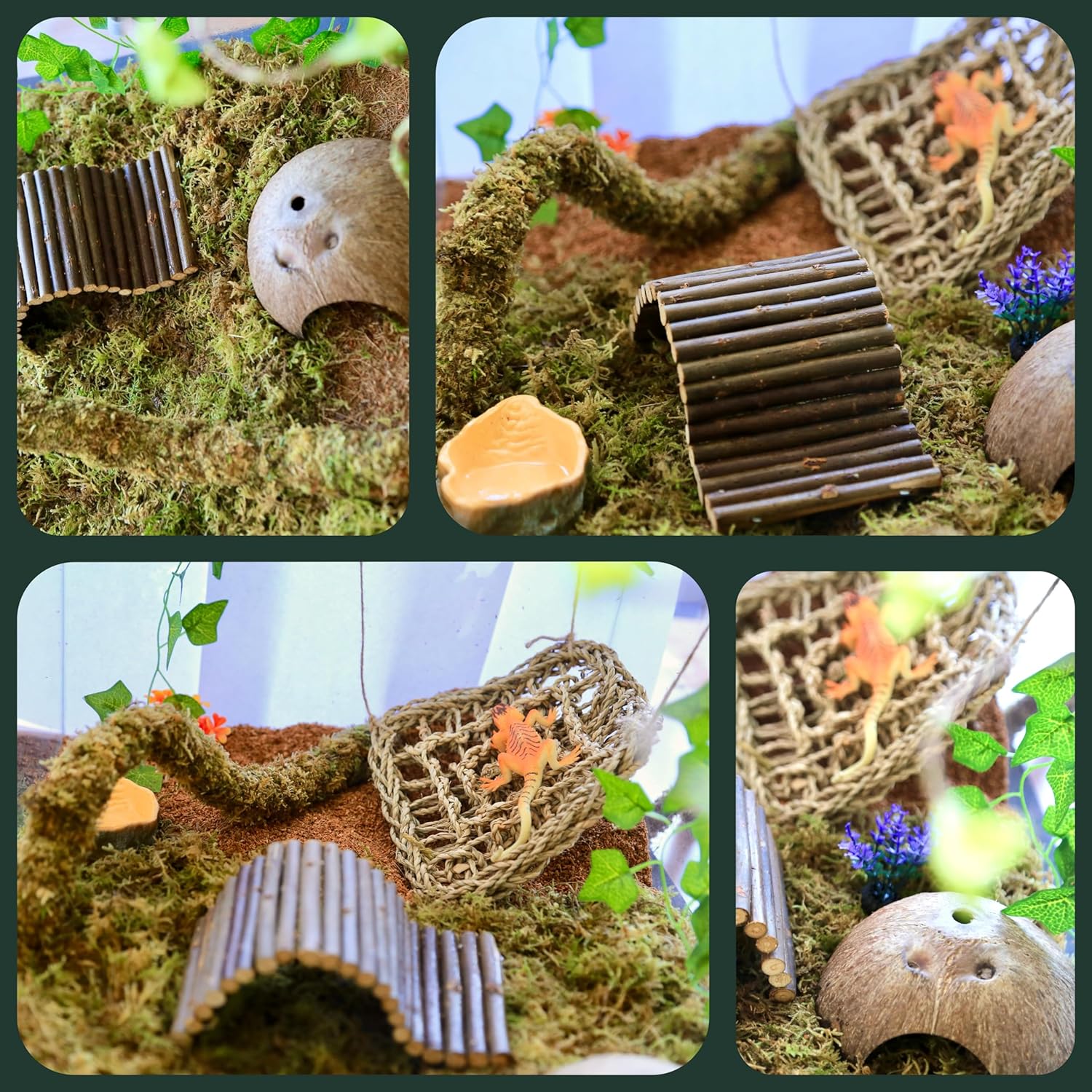 Hermit Crab Accessories, Natural Hermit Crab Toys Reptile Hammock,Coconut Shell Hideout Decor for Hermit Crabs Leopard Geckos, Crested, Tortoise, Snake (B-Group -6Pcs Hammock)