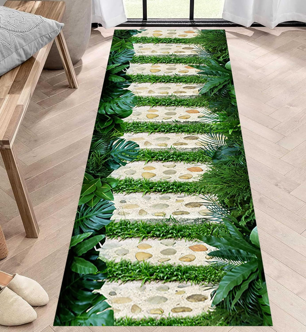 3D Tropical Leaves Rug, 3.3x10ft, Green Leaf Monstera Platycladus Orientalis Leaves Cobblestone Path Hallway Carpet, Washable Sensory Texture Carpet for Entryway Dining Kitchen