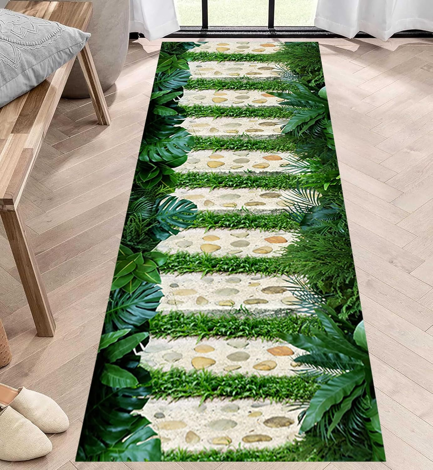 3D Tropical Leaves Rug, 3.3x7ft, Green Leaf Monstera Platycladus Orientalis Leaves Cobblestone Path Hallway Carpet, Washable Sensory Texture Carpet for Entryway Dining Kitchen