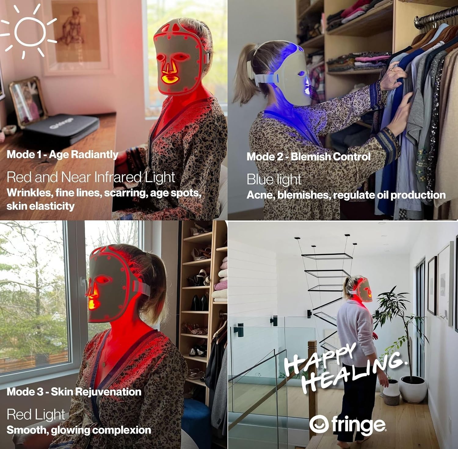 Fringe Red Light Face Mask, Both Red Light 660nm and Infrared Light 850nm for Rejuvenation & Blue Light 415nm for Blemishes, Beauty Mask, for Fine Lines and Wrinkles, 234 LED Lights