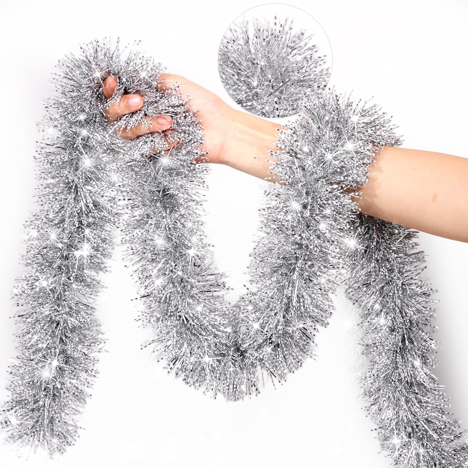 50 Feet Silver White Christmas Tinsel Garland Christmas Decorations, Thick Metallic Twist Shiny Hanging Tinsel Garlands for Xmas Tree Decor Stairs Mantle Fireplace Home Indoor Holiday Party Supplies