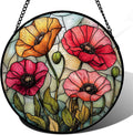 Stained Glass Window Hanging, Red Orange Poppy Birth Flowers Sun Catcher for Door Garden Yard Decor Wildflowers Suncatcher Christmas Mother Birthday Gifts for Women Men Mom Nana 15 in