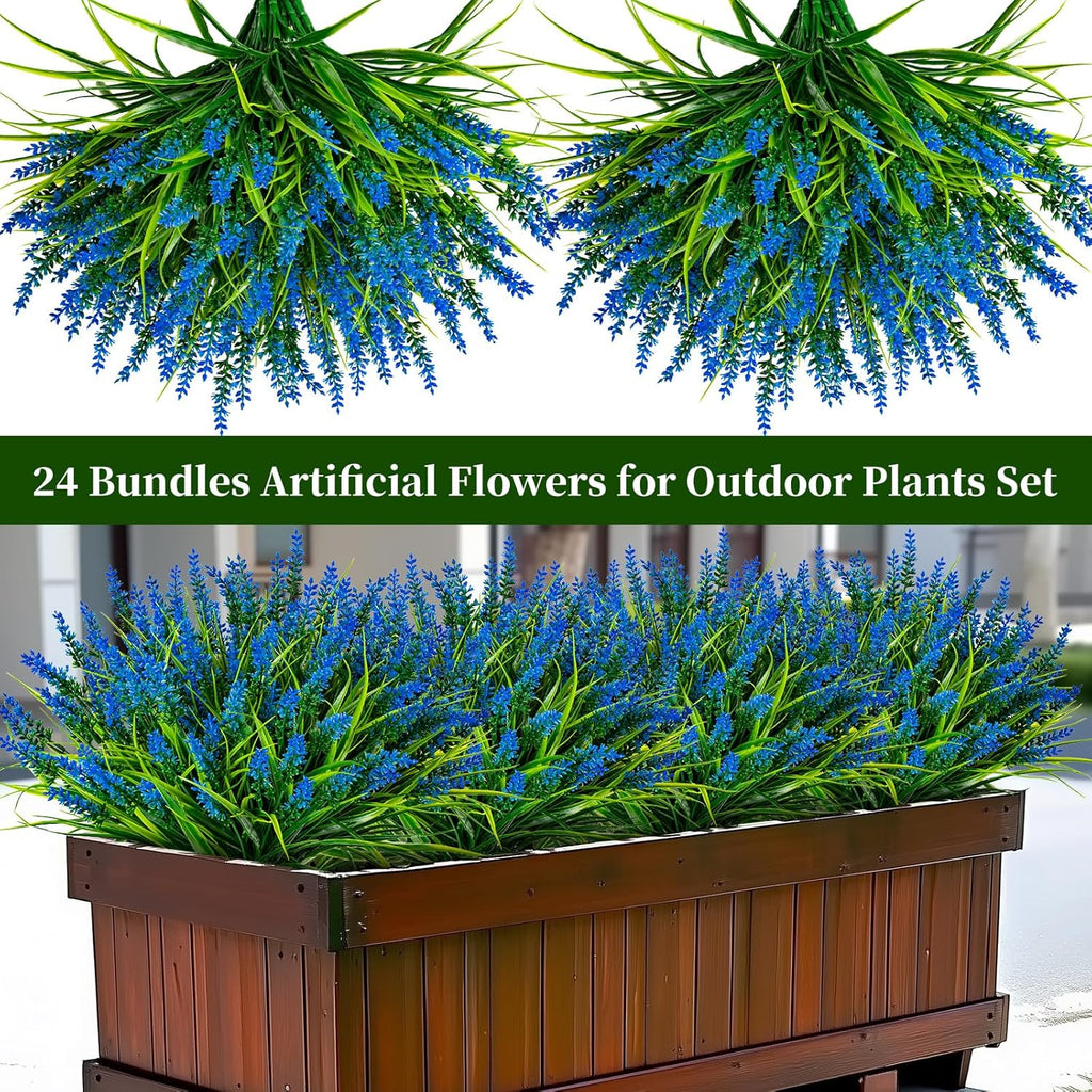 Artificial Flowers for Outdoor Plants 24 Bundles Fake Lavender Plastic Faux Monkey Grass for Verandah Window Garden Office Patio Front Porch UV Resistant for Planter(Blue)