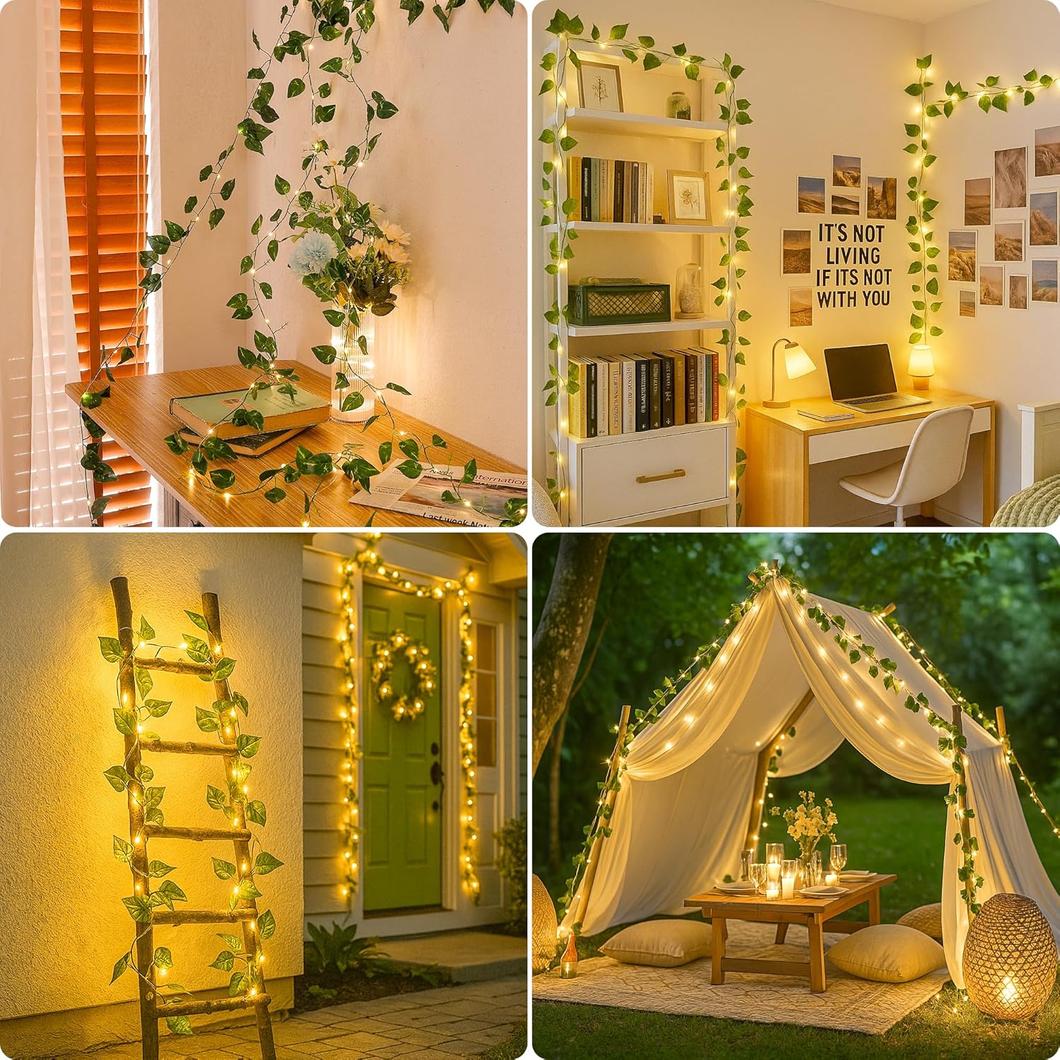 YOUNGAR Vine with Fairy Lights Battery/USB Operated,23ft 73 LED Pothos String Lights with Memory and Timer,Leaf Lights for Bedroom, Room, Garden, Party, Wedding,Wall Decor (Warm White)