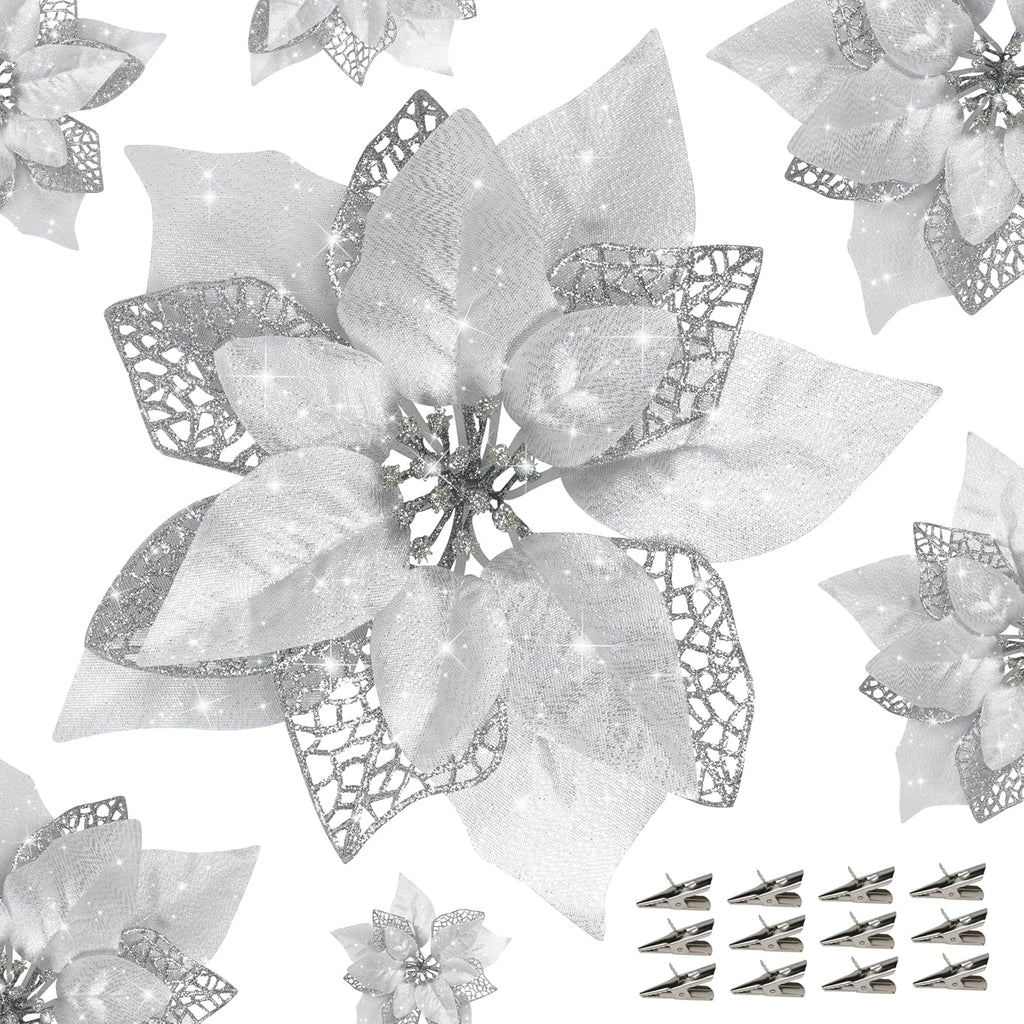 12 PCS Poinsettia Flower Artificial Poinsettia Christmas Decoration 8.7'' Silver Glitter Poinsettias Christmas Ornaments Christmas Tree Flower Decor with Clips DIY Xmas Wreath Holiday Home Party Decor