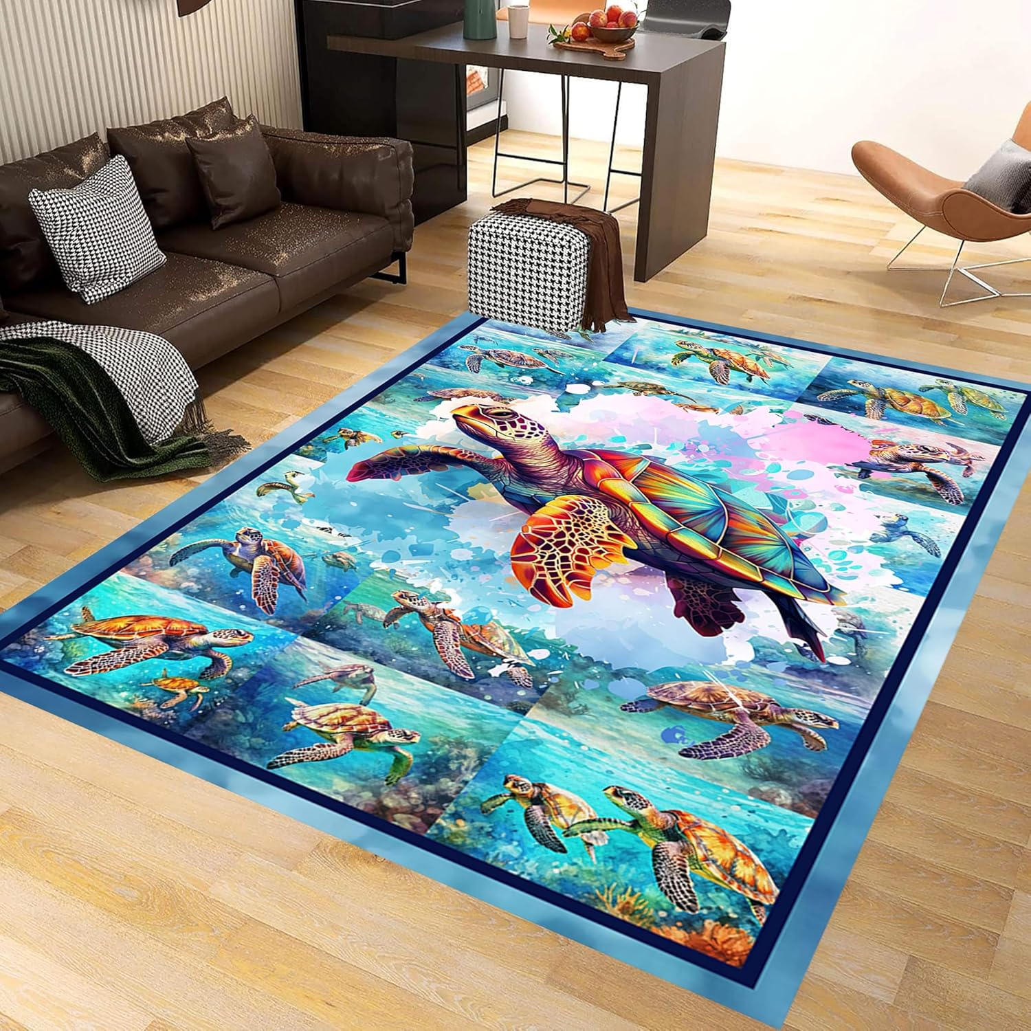 Turtle Area Carpet, 4x6ft, Colorful Ocean Themed Sea Turtle Floor Rugs, Blue Underwater Painting Rugs for Home Decoration, Fade Resistant Soft Foldable Mats for Dorm Family Entrance