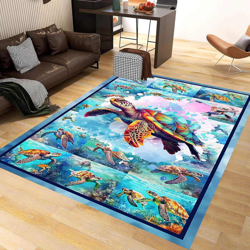 Turtle Area Carpet, 8x10ft, Colorful Ocean Themed Sea Turtle Floor Rugs, Blue Underwater Painting Rugs for Home Decoration, Fade Resistant Soft Foldable Mats for Dorm Family Entrance