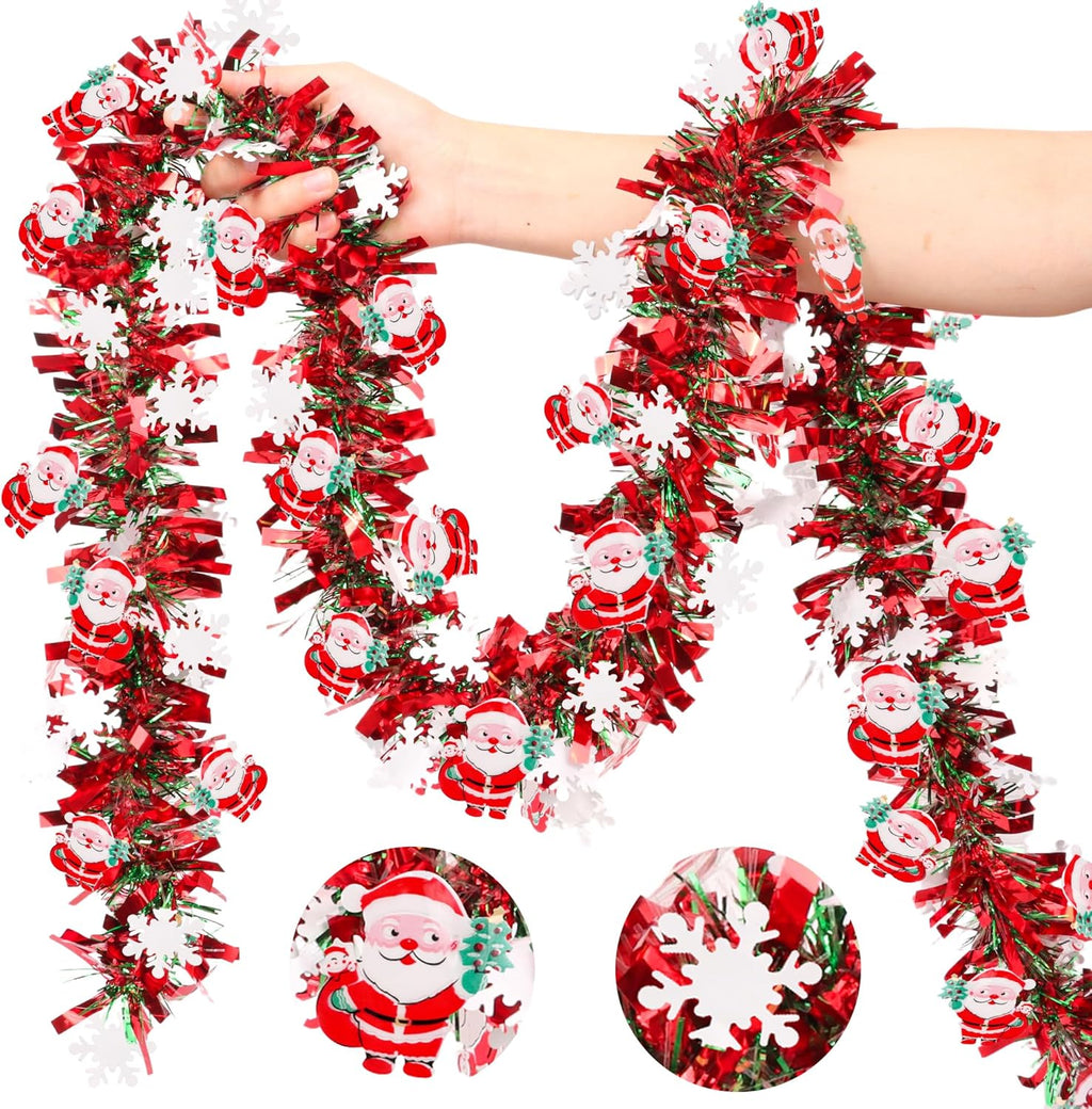 50 FT Christmas Tinsel Garland Christmas Decorations with Santa Claus & Snowflake Red Green Shiny Metallic Twist Christmas Garland for Xmas Tree Home Mantle Stairs Indoor Outdoor Holiday Party Decor