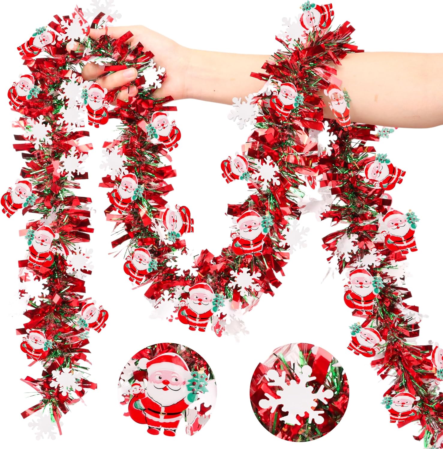 50 FT Christmas Tinsel Garland Christmas Decorations with Santa Claus & Snowflake Red Green Shiny Metallic Twist Christmas Garland for Xmas Tree Home Mantle Stairs Indoor Outdoor Holiday Party Decor