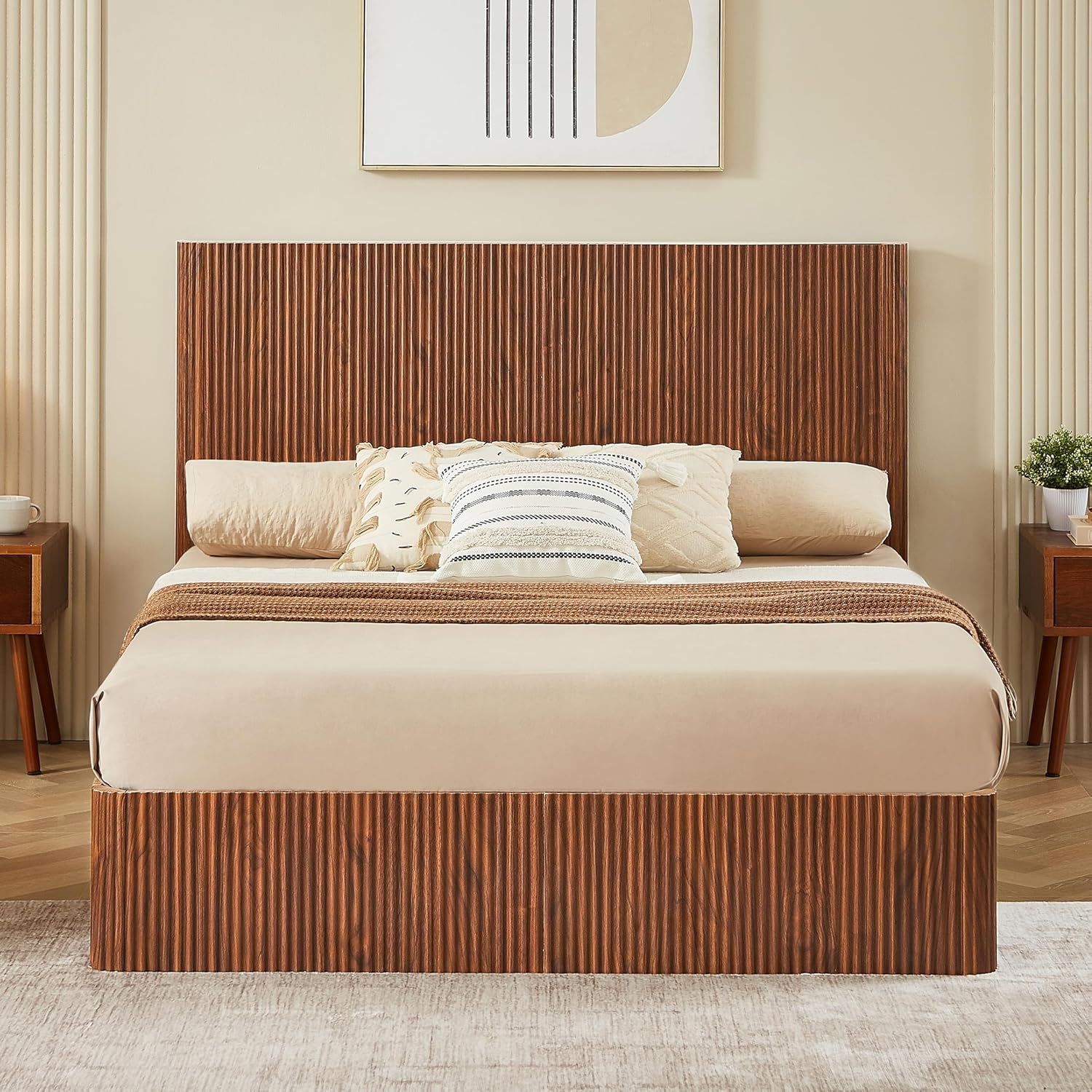 KEIKI Queen Size Wood Platform Bed Bedframe with Lift Up Hydraulic Storage,Corrugated Curved Lines Design for Bedroom Adult