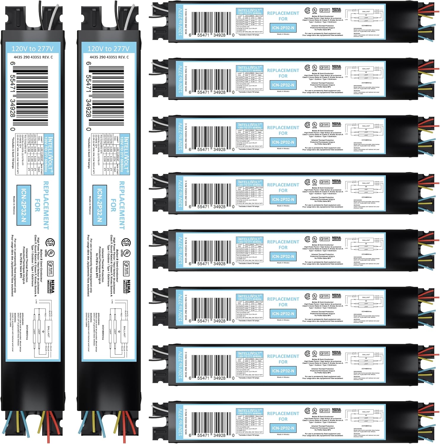 10 Pack - Replacement for ICN-4P32-SC 3 & 4 Lamp T8 Fluorescent Electronic Ballast - 120-277 Volt - Instant Start - UL Approved