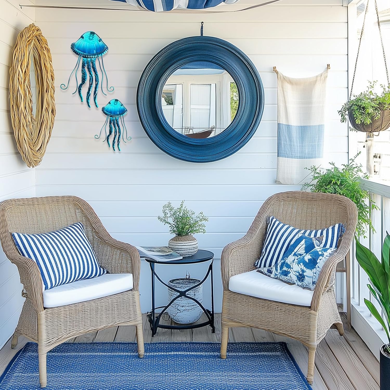 LIFFY Metal Jellyfish Wall Decor Beach Ocean Nautical Tropical Fish Wall Art Home Hanging Decor Glass Metal Fish Wall Decor for Pool, Beach, Patio, Garden,Home(15inch, 10inch)