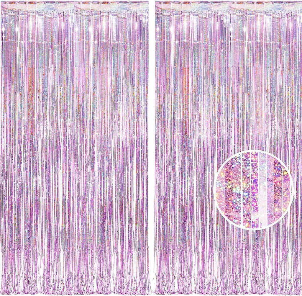 BRAVESHINE Pink Streamers Tinsel Foil Fringe Curtains - 2Pcs 3.2x8.2ft Metallic Party Backdrop for Christmas/New Year/Snowflake/Girl/Princess/Birthday/Bridal Shower/Bachelorette/Engagement Decorations