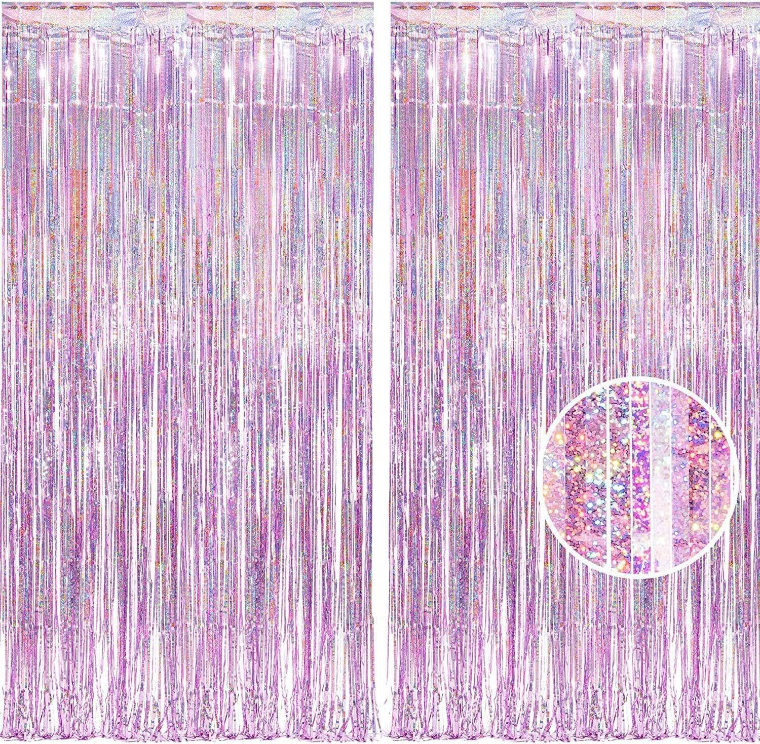 BRAVESHINE Pink Streamers Tinsel Foil Fringe Curtains - 2Pcs 3.2x8.2ft Metallic Party Backdrop for Christmas/New Year/Snowflake/Girl/Princess/Birthday/Bridal Shower/Bachelorette/Engagement Decorations