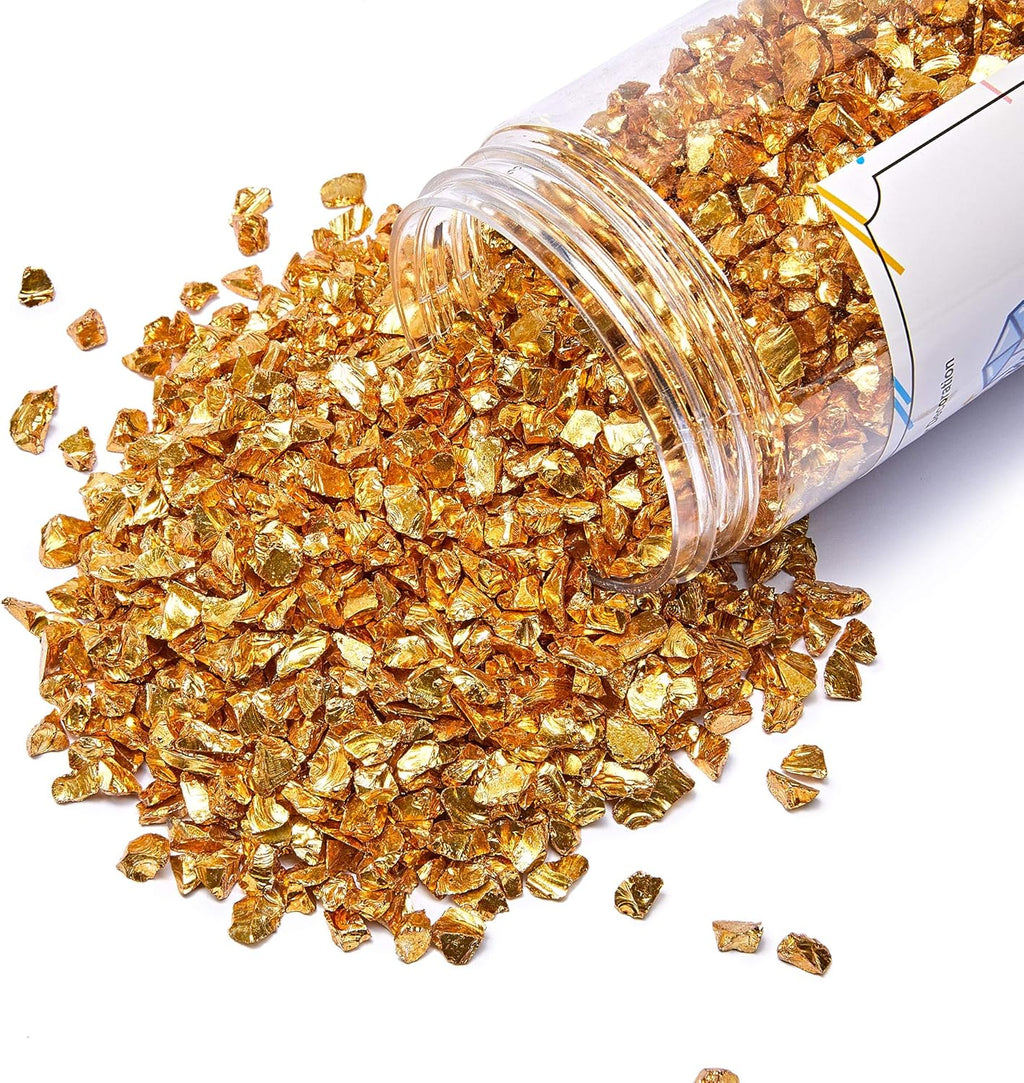 TWINKLING High Luster Fire Glass Gravel Stone Glitter,Broken Glass,Fire Gems Chips,Crushed Glass for Fire Pit Crafts Resin Art Aquarium Garden Decoration,3-6mm,1-Pound Jar (Gold)