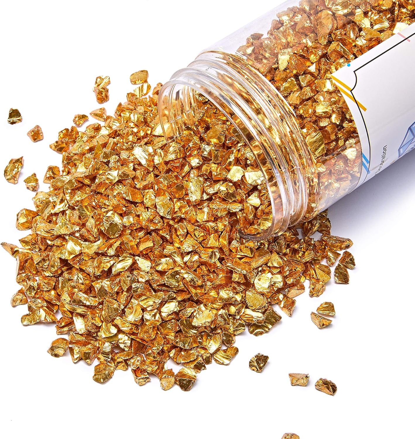 TWINKLING High Luster Fire Glass Gravel Stone Glitter,Broken Glass,Fire Gems Chips,Crushed Glass for Fire Pit Crafts Resin Art Aquarium Garden Decoration,3-6mm,1-Pound Jar (Gold)